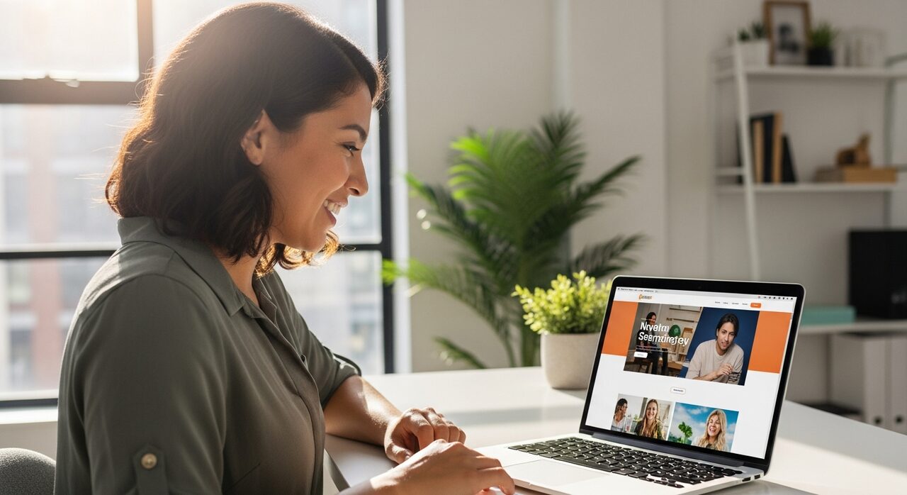 Empresaria feliz viendo su página web renovada