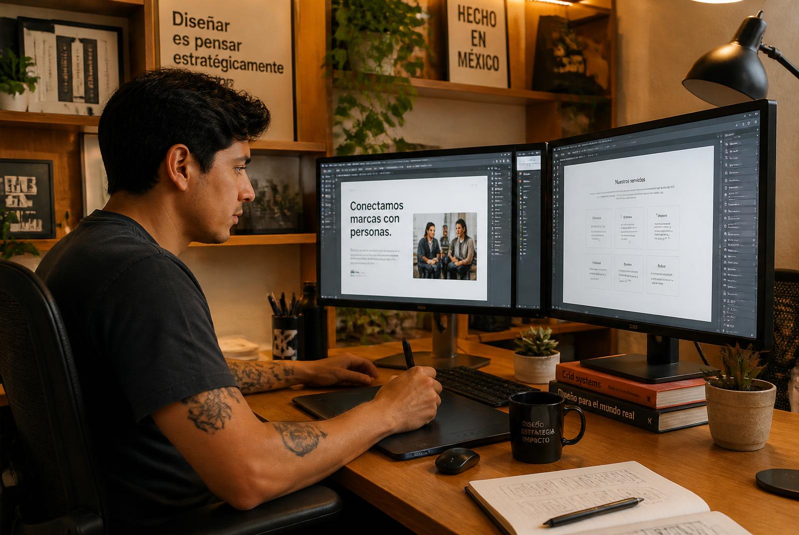 Diseñador mexicano trabajando un sitio web en Figma con tableta Wacom