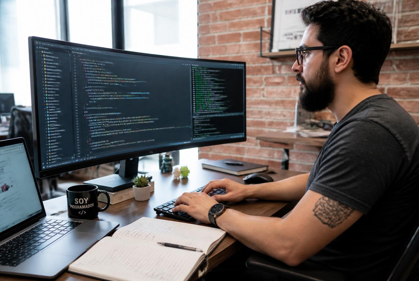 Desarrollador programando código PHP y JavaScript en monitor ultrawide