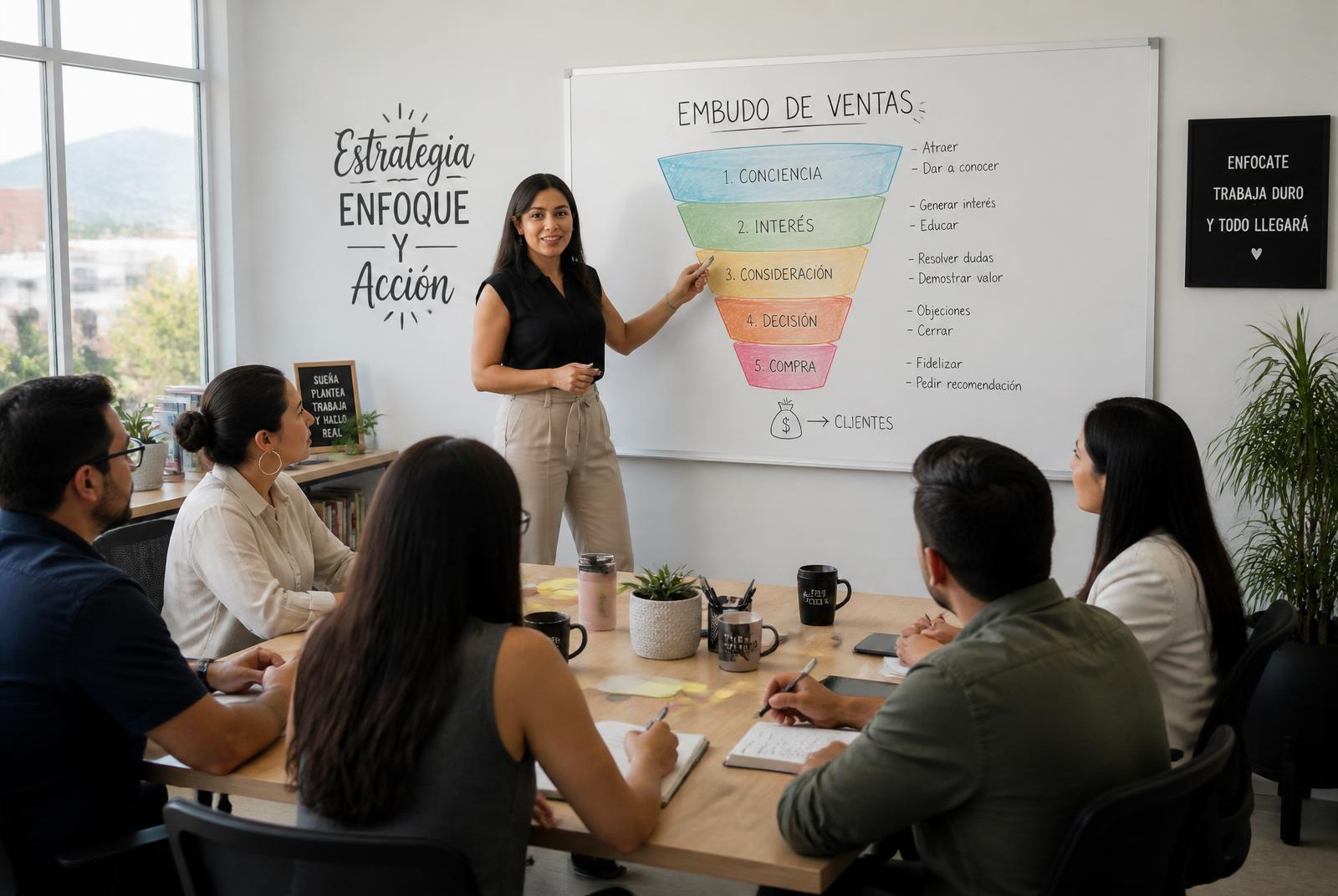 Consultora capacitando al equipo del cliente sobre embudo de ventas