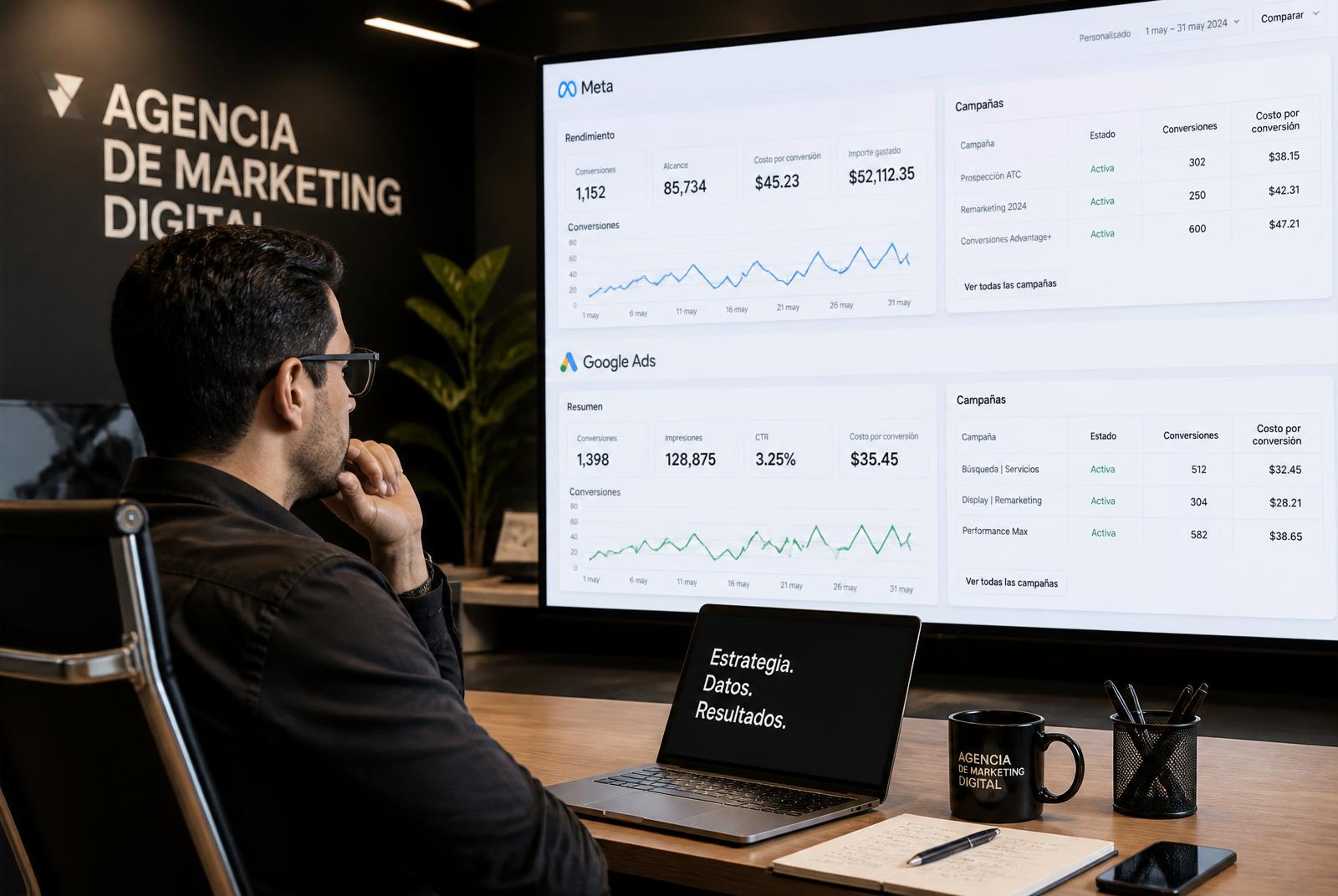 Especialista revisando dashboard de Google Ads y Meta Ads con métricas de conversión