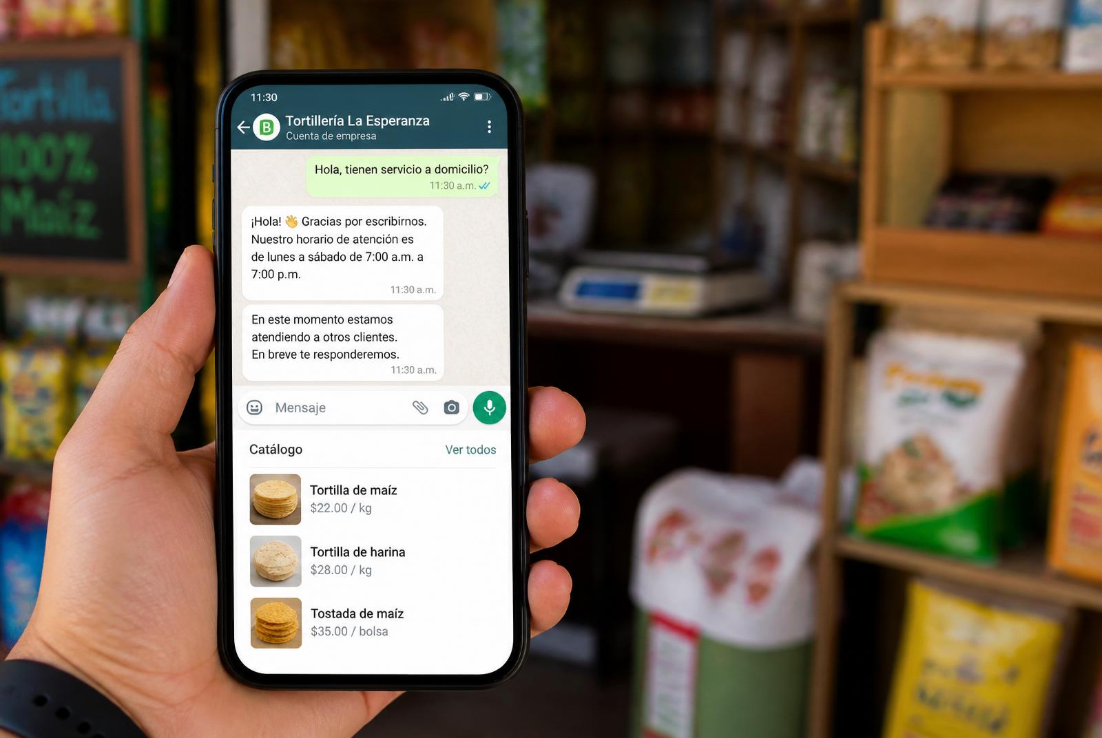 WhatsApp Business con catálogo y respuestas automáticas en tienda mexicana